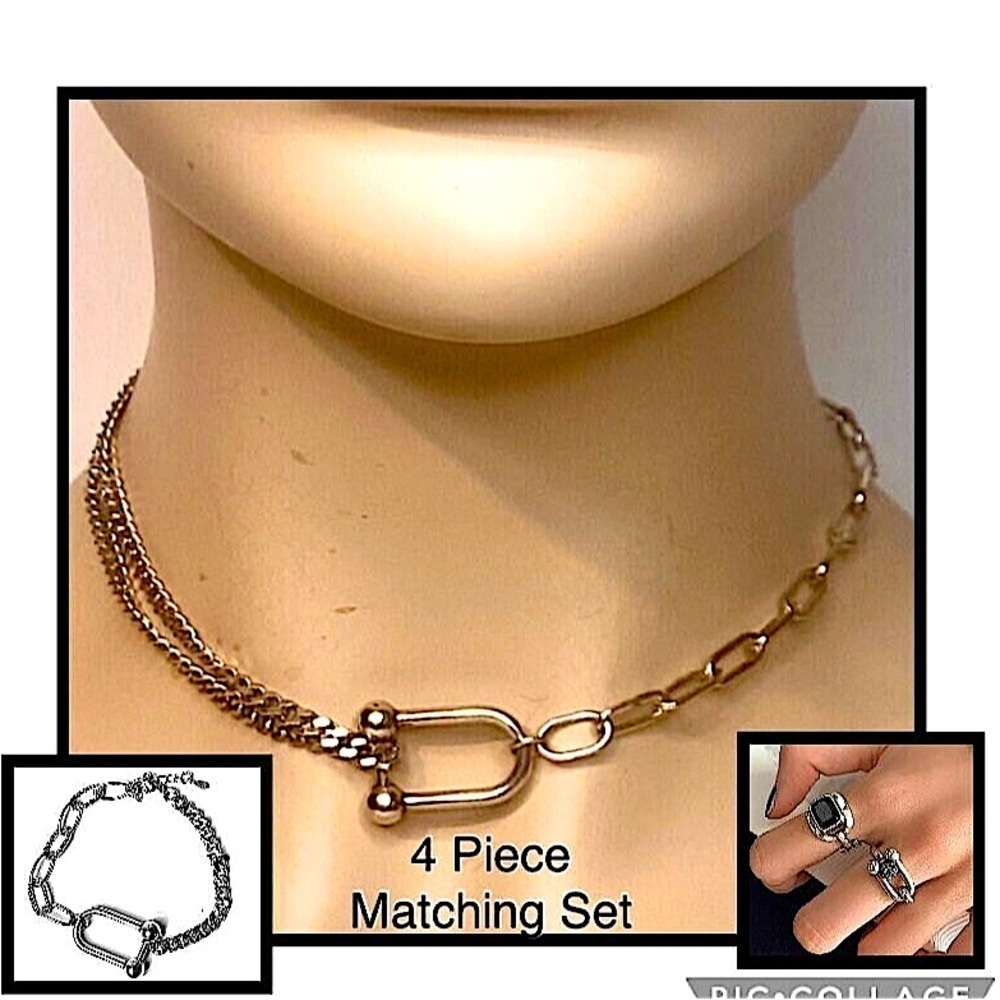 Sterling Silver Horseshoe Necklace Bracelet Ring Set Matching Bundle HorseBit